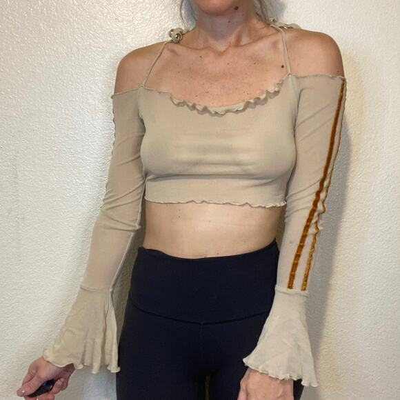Zemeta Beige Mesh Tie Crop Top Long Sleeve Sheer Velvet Brown Stripes Size Small - Picture 7 of 10